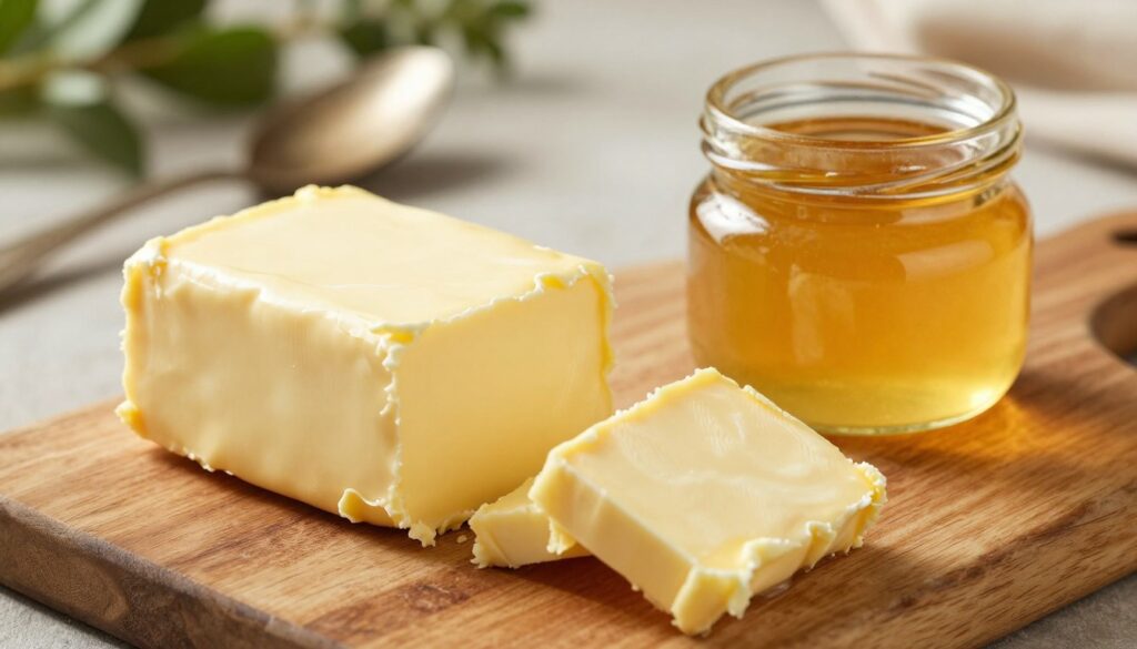 A close-up arrangement of grass-fed butter and ghee set on a rustic wooden cutting board. The butter, with its creamy, golden texture, is sliced into thick pats, glistening under soft, natural light. Beside it, a small glass jar of ghee, its rich, translucent gold hue illuminating the surrounding area, is open, invitingly showing its smooth consistency. In the background, a blurred kitchen scene with vintage utensils and fresh herbs hints at a homey, wholesome atmosphere. A warm, inviting glow envelops the scene, conveying a sense of tradition and healthiness. The composition emphasizes the allure of traditional cooking fats, capturing their abundance and richness without distractions.