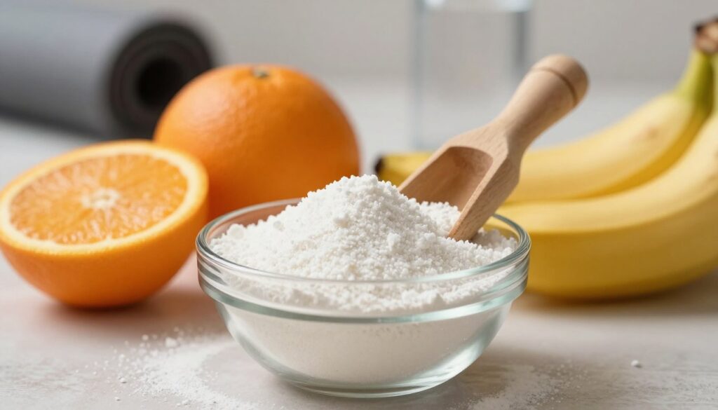A close-up view of magnesium citrate powder in a clear glass bowl, highlighted by soft, warm lighting that creates a serene atmosphere. In the foreground, the crystalline texture of the magnesium citrate is emphasized, with a wooden scoop resting beside the bowl. The middle layer features a selection of fresh fruits like oranges and bananas, symbolizing health benefits, arranged artfully around the glass bowl. In the background, a blurred image of a healthy lifestyle scene, such as a yoga mat and water bottle, adds context. The overall composition conveys a calm and informative mood, inviting viewers to explore the benefits of magnesium citrate. High-resolution, with a shallow depth of field to focus on the powder’s texture and vibrant colors of the fruits.