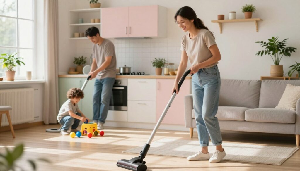 A cozy home environment showcasing a person engaging in various household chores that promote calorie expenditure. In the foreground, a woman in modest casual clothing is vacuuming the living room, with a cheerful smile on her face. In the middle ground, a man is washing dishes at the kitchen sink, while an energetic child organizes toys nearby, adding a sense of activity. The background features a brightly lit, inviting kitchen with pastel colors and houseplants that enhance the warm atmosphere. Soft, natural light streams through a window, creating a welcoming and active mood. The image should capture the essence of turning daily chores into opportunities for burning calories, illustrating a healthy, active lifestyle in a home setting.