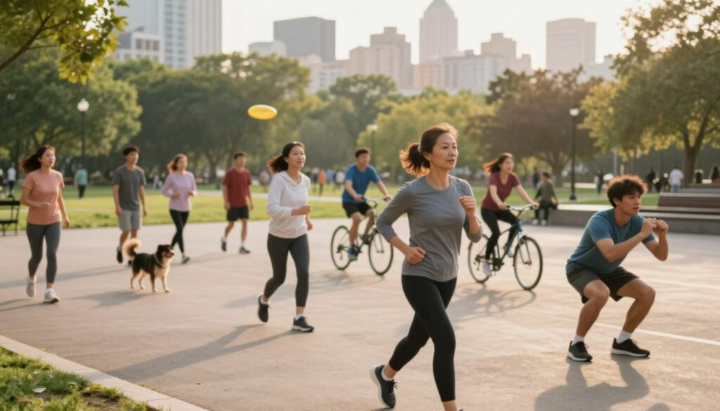 A dynamic scene showcasing a diverse group of individuals engaged in various forms of physical activity in an urban park setting. In the foreground, a middle-aged woman in modest activewear jogs past with a determined expression, while a young man nearby performs squats. The middle layer features a vibrant mix of people walking their dogs, cycling, and playing frisbee, embodying a spirit of movement and community. In the background, a soft-focus skyline of the city adds depth, with trees and green spaces creating a welcoming atmosphere. The lighting is warm and inviting, capturing the golden hour of late afternoon, with a slight lens flare to enhance the lively mood. The overall vibe is one of motivation and perseverance, emphasizing the importance of staying active.