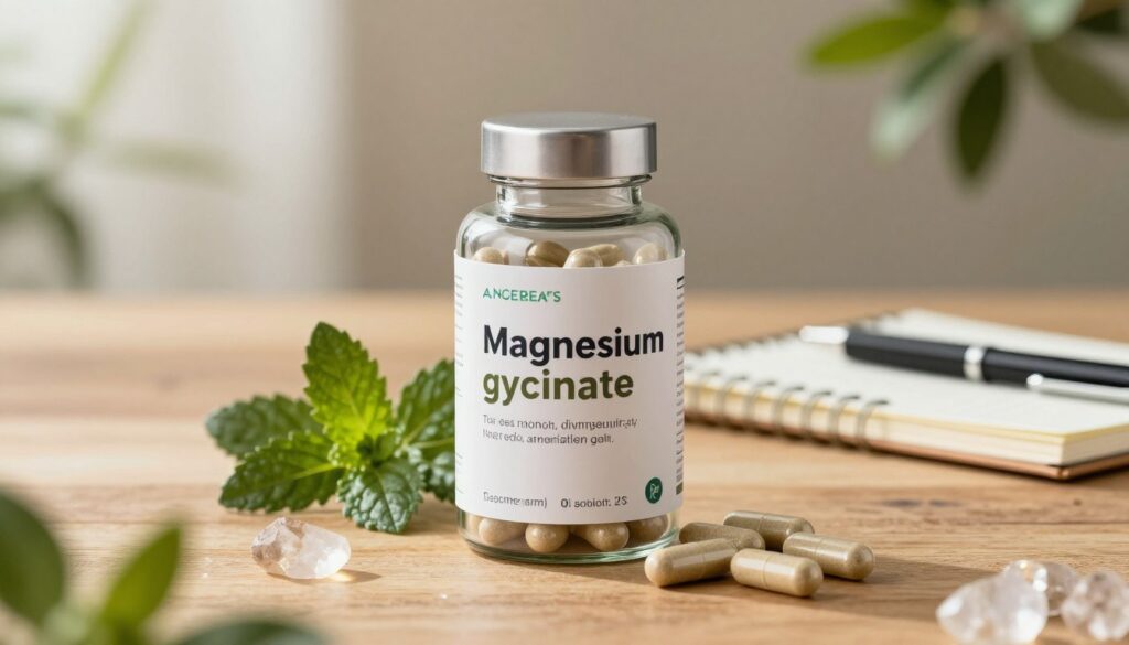 A visually striking display of magnesium glycinate benefits, focusing on supplements in professional, clean packaging. In the foreground, showcase a glass jar of magnesium glycinate capsules, elegantly lit to highlight their texture and color. Surround the jar with fresh, green herbs and soft, glowing crystals representing natural wellness. In the middle ground, include a wooden surface that adds warmth to the scene, complemented by a small notebook and a pen, suggesting mindfulness and health tracking. The background features a softly blurred, serene setting with earthy tones and natural light streaming in, evoking a feeling of calm and health. Capture the essence of wellness and tranquility, using soft lighting to create a comforting atmosphere.