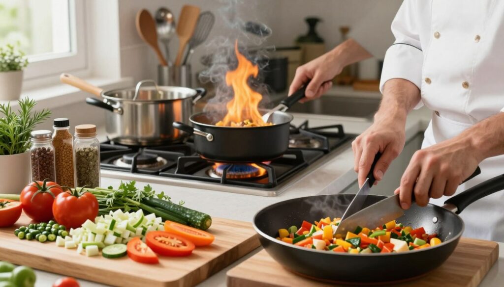 A well-lit kitchen setting showcasing various cooking techniques. In the foreground, a wooden cutting board features finely chopped vegetables, alongside a skillet sizzling with vibrant colors of sautéed ingredients. A close-up of hands in professional attire demonstrating precise chopping methods. In the middle, a chef focused on a flame, stirring a pot on a stovetop, emphasizing the technique of sautéing versus boiling. The background reveals pots and cooking utensils neatly arranged, with herbs and spices displayed. Soft, natural light streams in through a window, creating a warm, inviting atmosphere. The scene conveys a sense of health-conscious cooking, emphasizing the importance of technique in modern culinary practices.